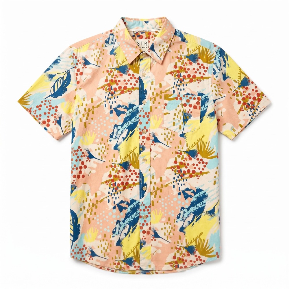 VSTR Premium Mens Abstract Geometric Print Short Sleeve Cotton Button Up Shirt L